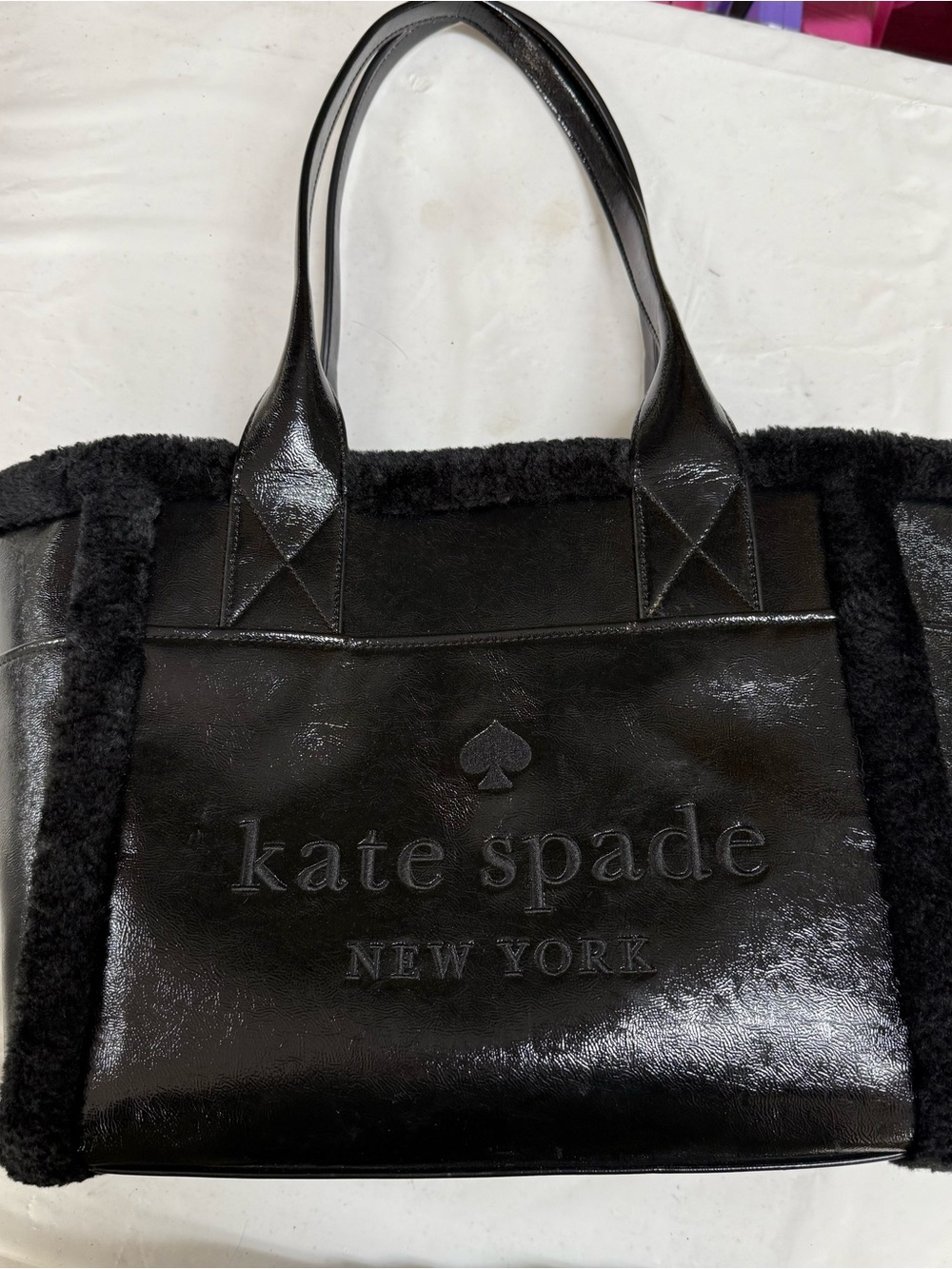 kate spade Black Shearling-Trim Patent Tote